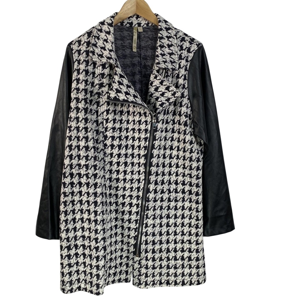 Comfy USA Jacket Womens XL Black White Houndstooth Faux Leather Sleeve‎ Coat USA